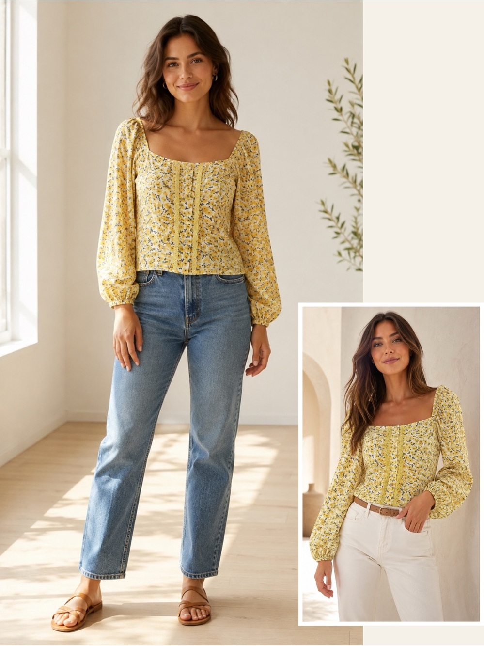 NWT The Shirt Rochelle Behrens Yellow Floral Puff Sleeve Blouse M